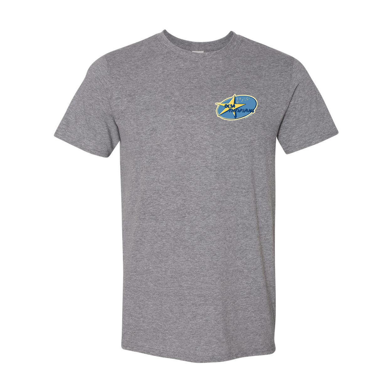 heather gray t-shirt with star logo and text on left chest