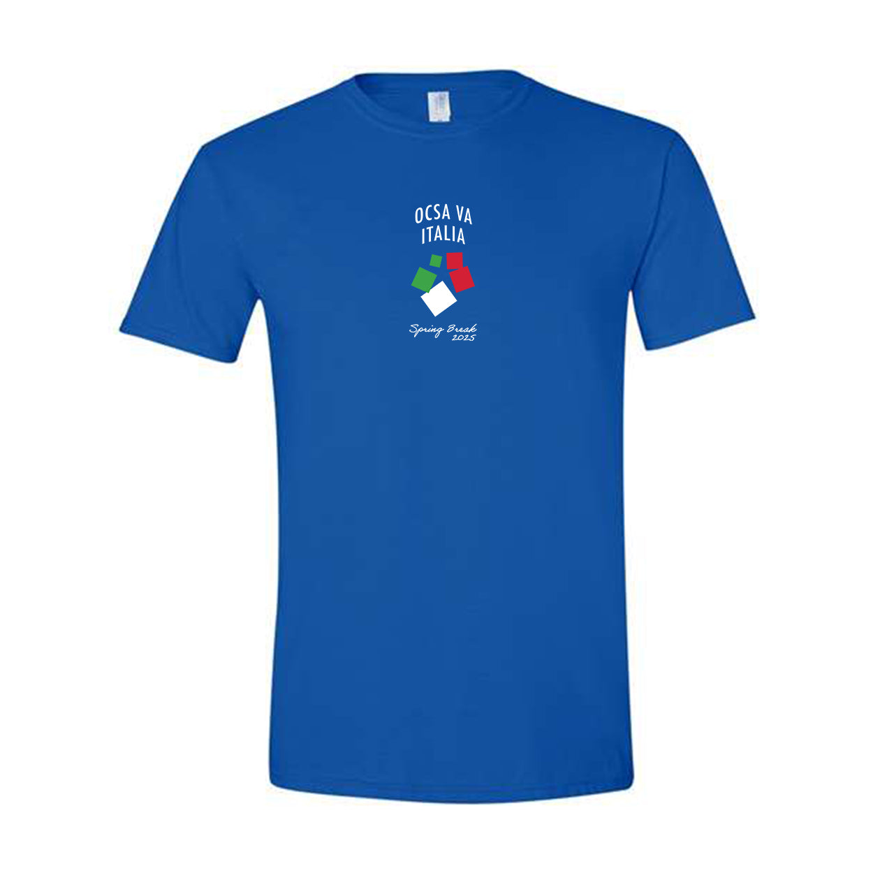 royal blue t-shirt with ocsa va italia logo and text on center chest