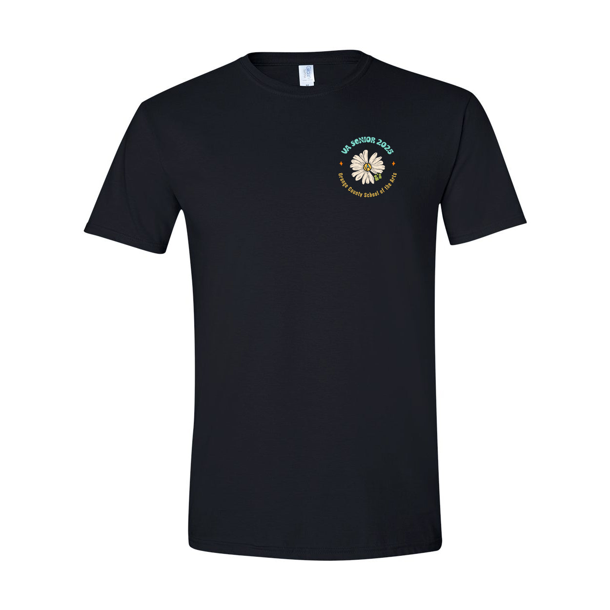 black t-shirt with flower logo and text on left chest