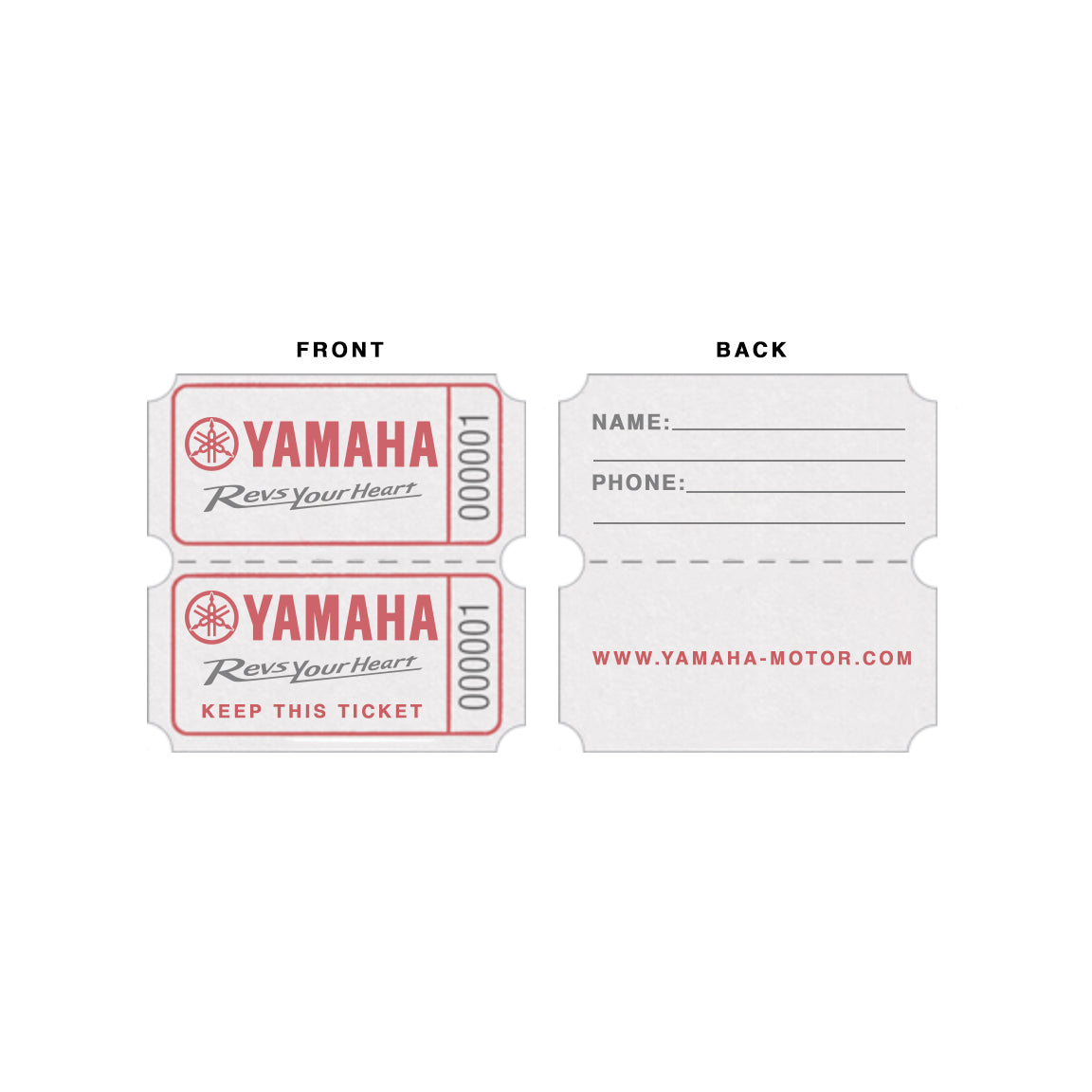 Yamaha event tickets with logo and numbering on the front and information section and website on the back