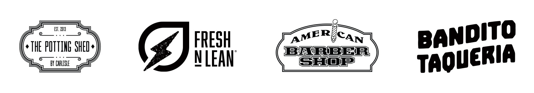 Black client logos - The Potting Shed - Fresh N Lean - American Barbershop - Bandito Taqueria