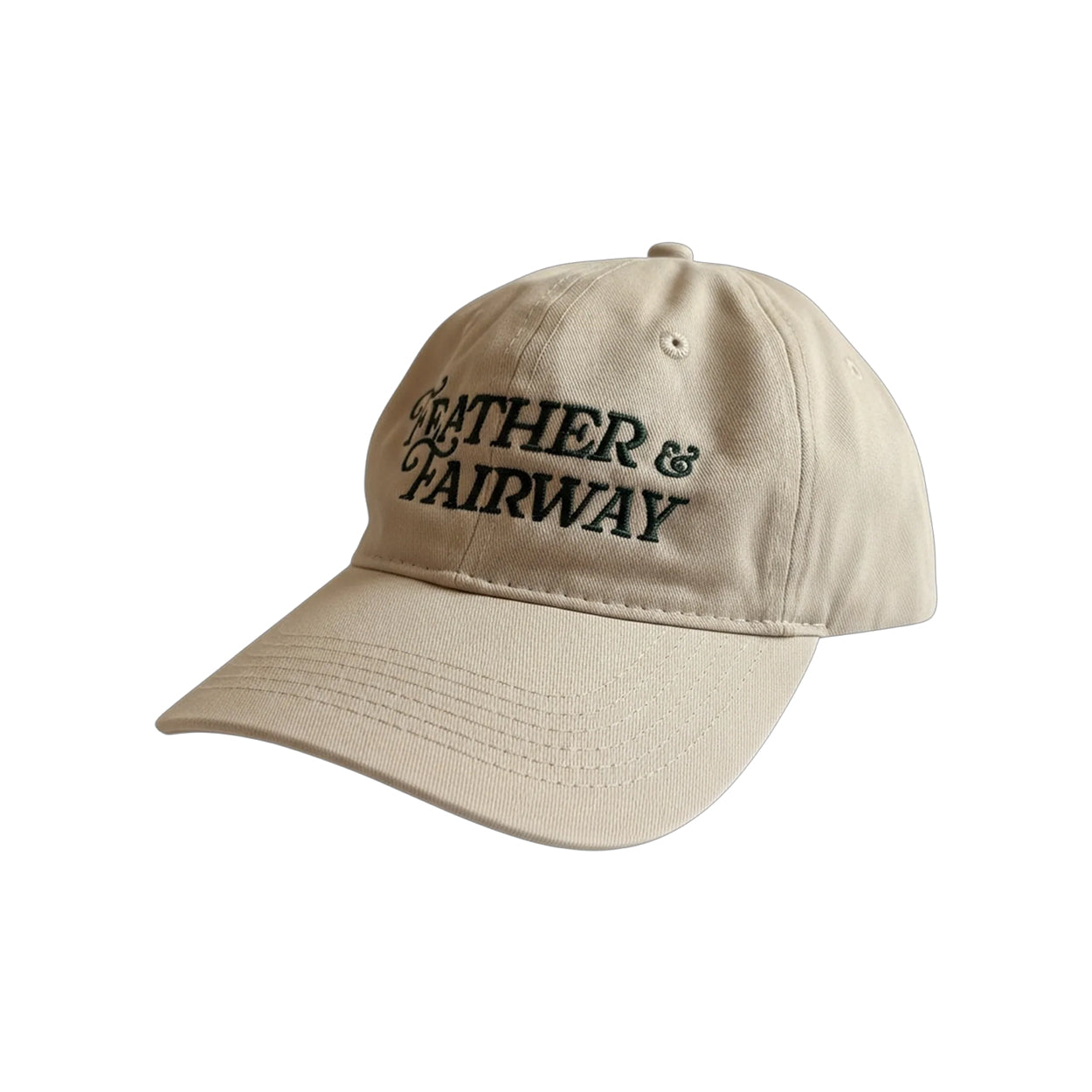 Beige cap with 'Feather & Fairway' logo on a white background