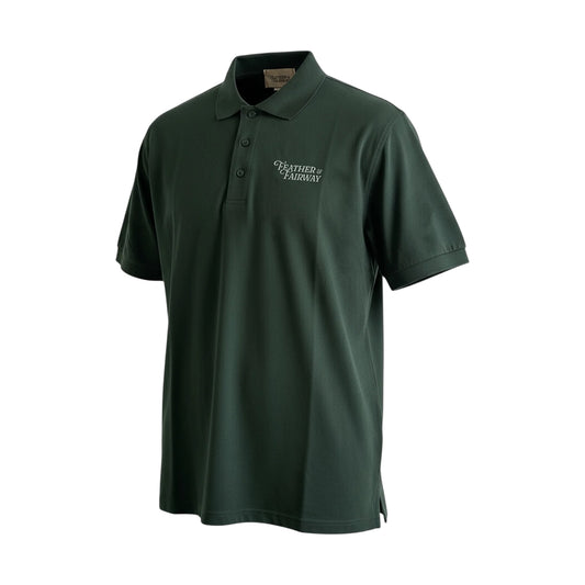 Green polo shirt with a logo on a white background
