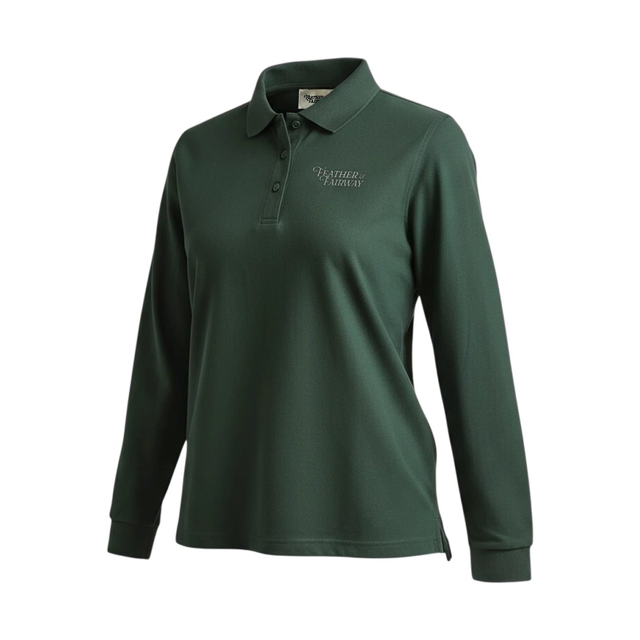 Green long-sleeve polo shirt with a brand logo on a white background