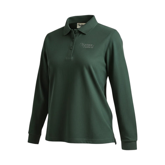 Green long-sleeve polo shirt with a brand logo on a white background