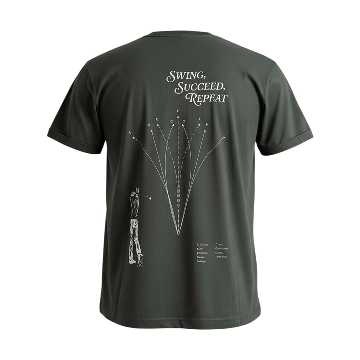 Dark green t-shirt with white text and graphics on a white background