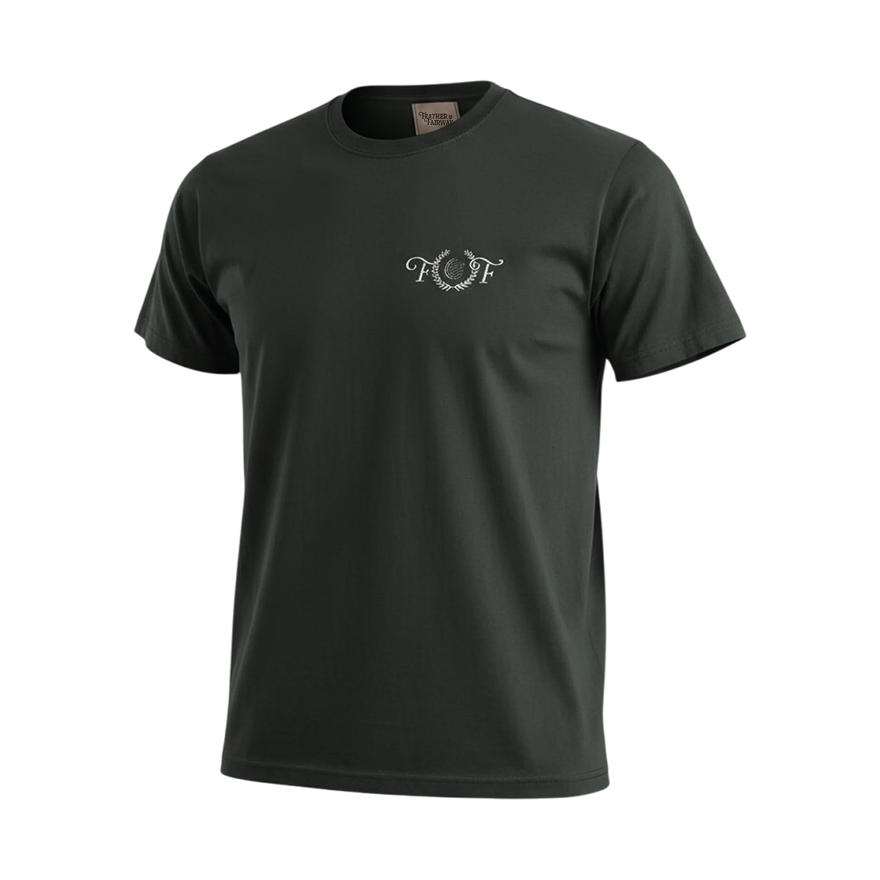 Dark green t-shirt with a logo on the chest against a white background
