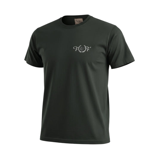 Dark green t-shirt with a logo on the chest against a white background
