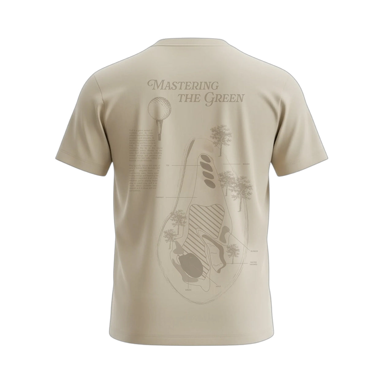 Beige t-shirt with golf-themed design and text on a white background