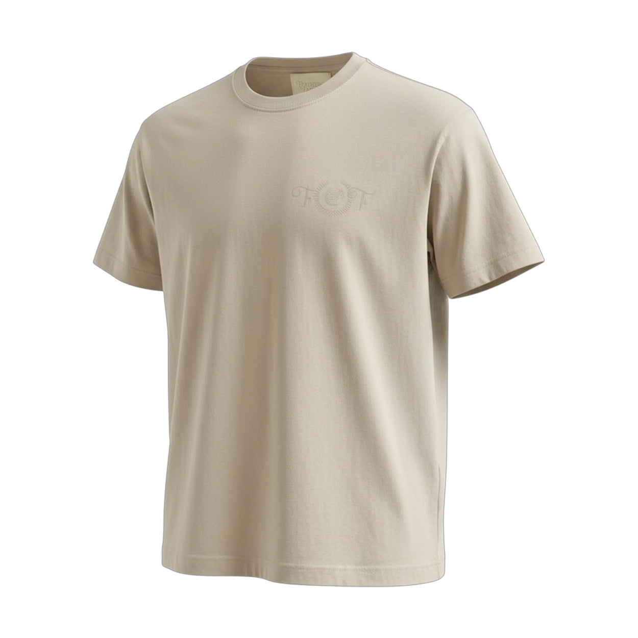 Beige t-shirt with a logo on a white background