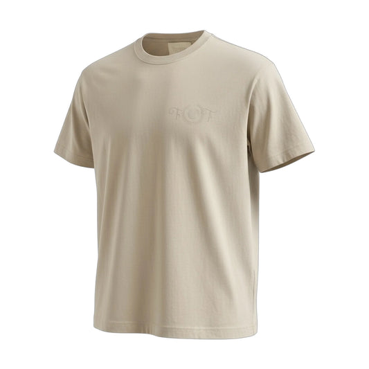 Beige t-shirt with a logo on a white background