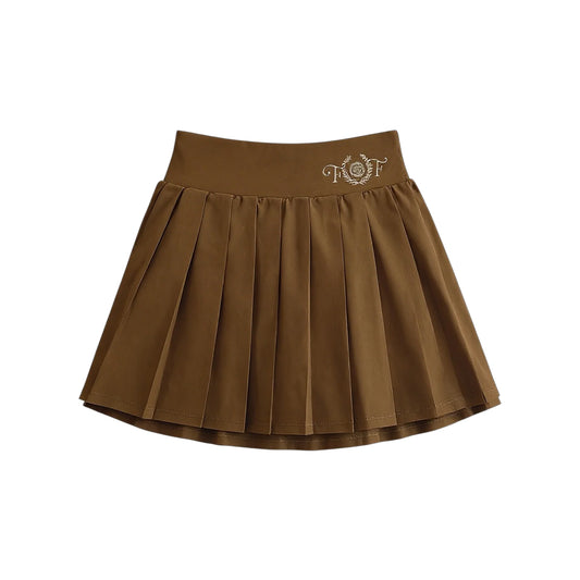 Brown pleated skirt with a logo on a white background