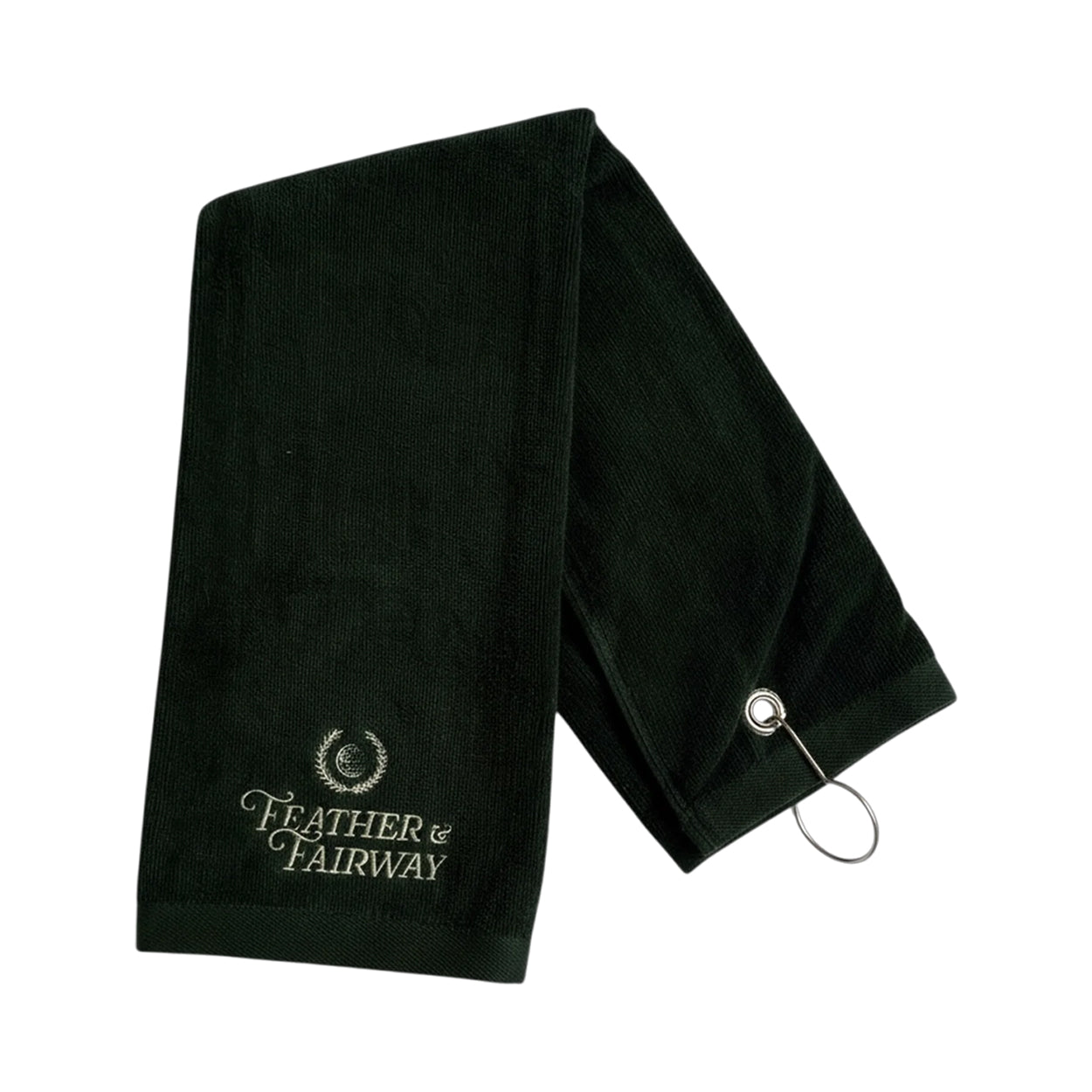Dark green golf towel with 'Feather & Fairway' branding on a white background