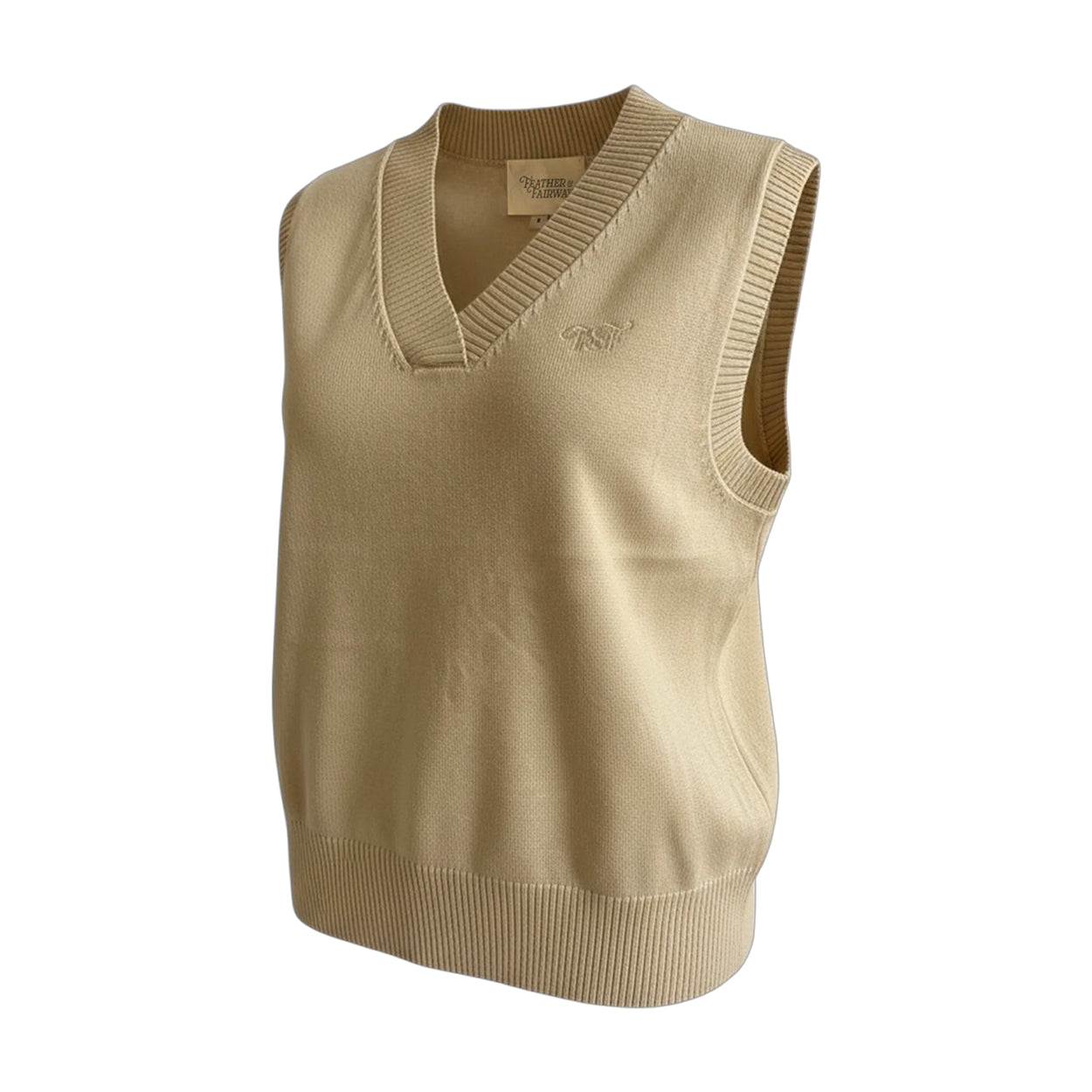Beige vest with 'Feather & Fairway' logo on a white background