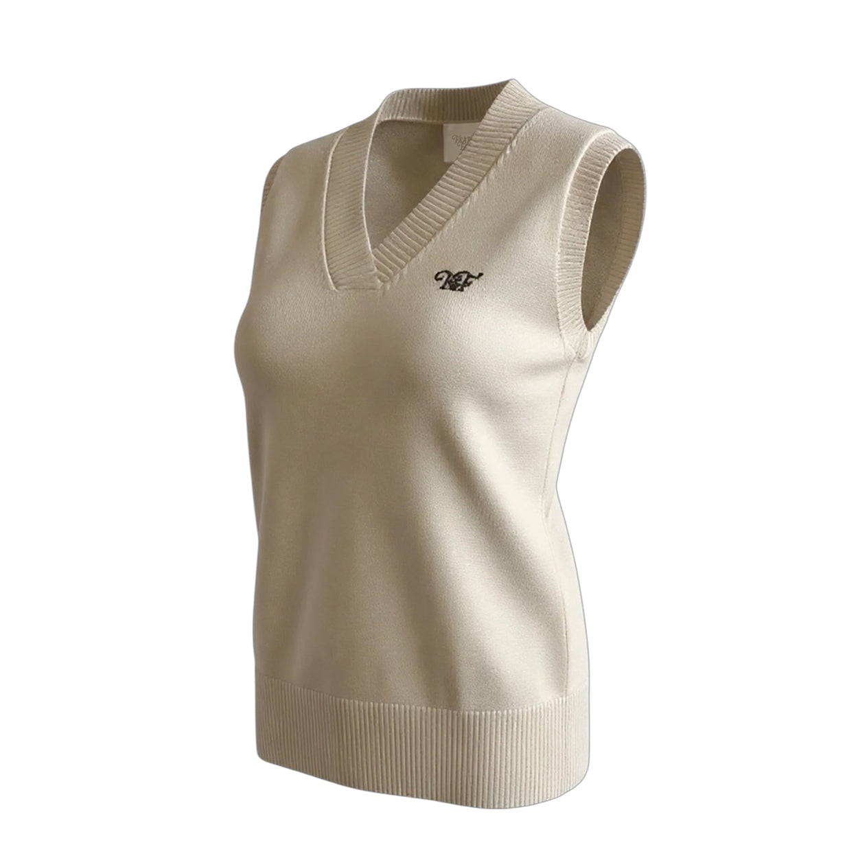 White vest with 'Feather & Fairway' logo on a white background