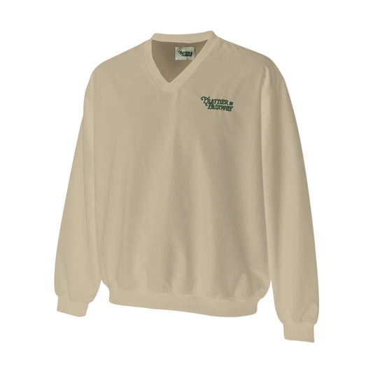 Beige windbreaker with 'Feather & Fairway' logo on a white background