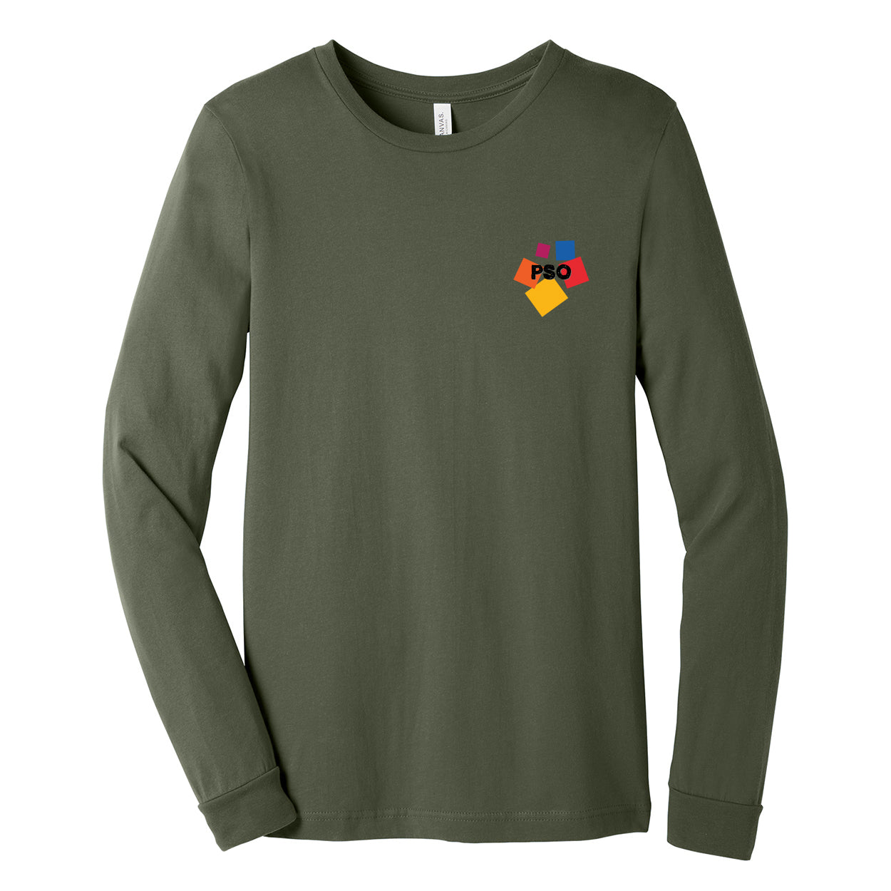 Green long sleeve shirt with colorful 'PSO' on a white background