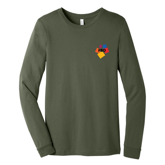 Green long sleeve shirt with colorful 'PSO' on a white background