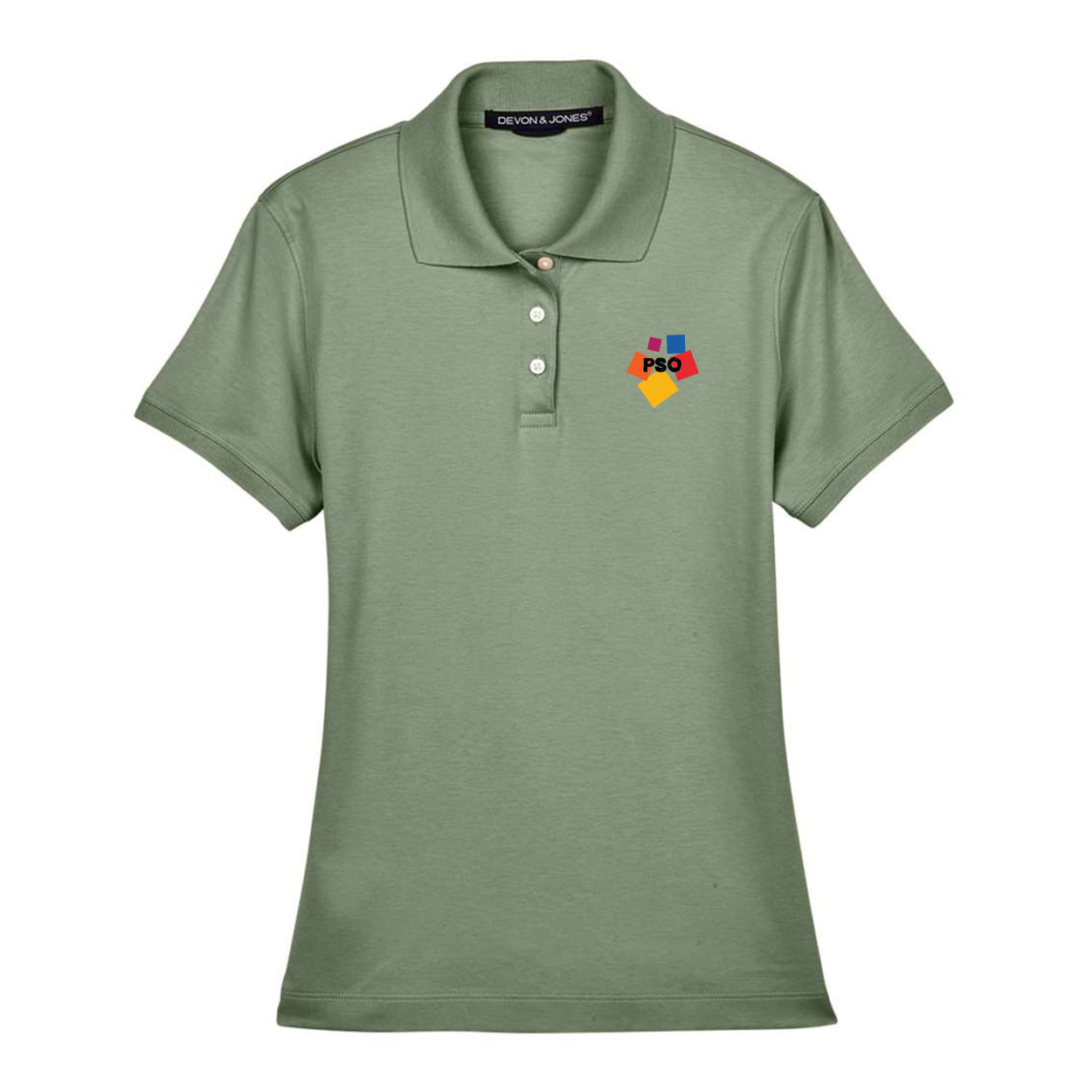 Green polo with colorful 'PSO' on a white background