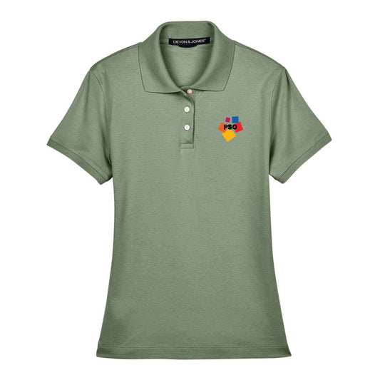Green polo with colorful 'PSO' on a white background