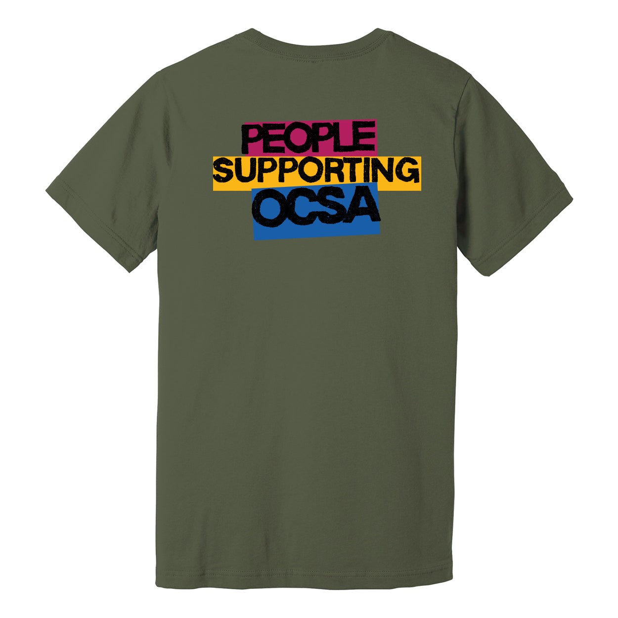 Green t-shirt with colorful text 'PEOPLE SUPPORTING OCSA' on a white background