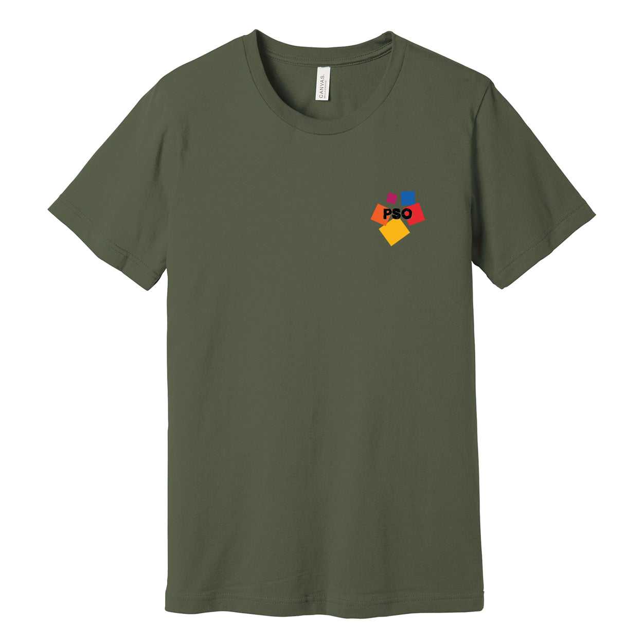 Green t-shirt with colorful 'PSO' on a white background