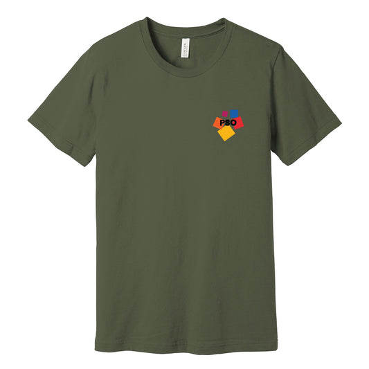 Green t-shirt with colorful 'PSO' on a white background