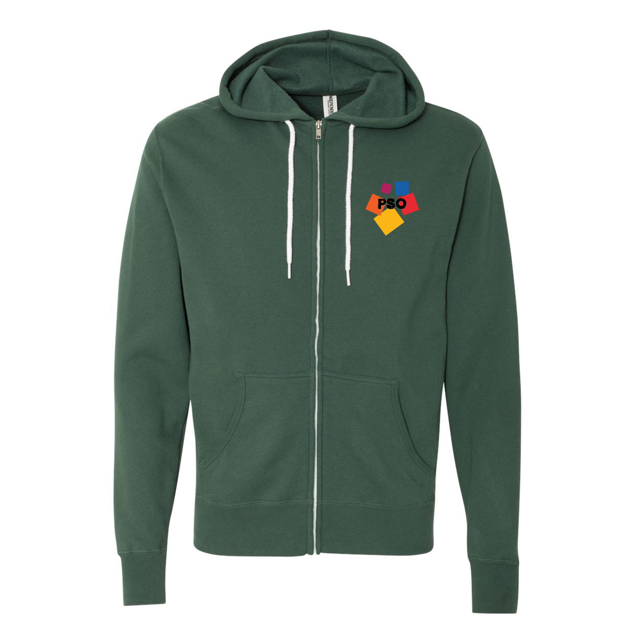 Green hoodie with colorful 'PSO' on a white background