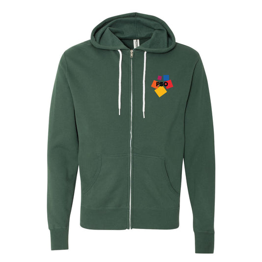 Green hoodie with colorful 'PSO' on a white background