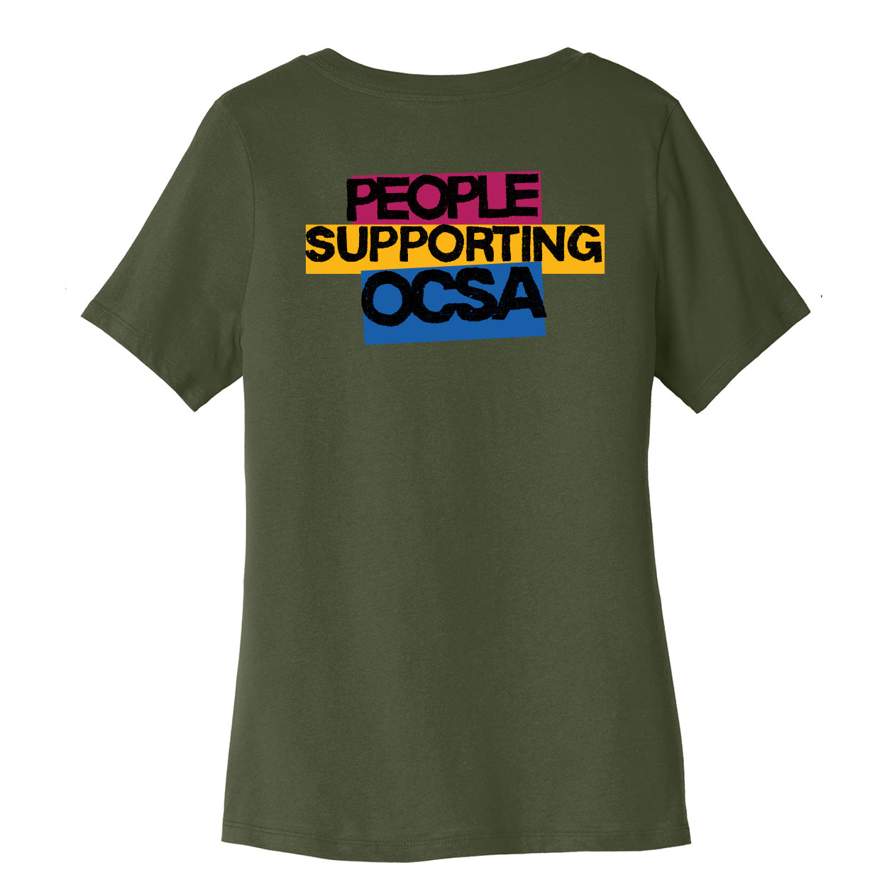 Green t-shirt with colorful text 'PEOPLE SUPPORTING OCSA' on a white background