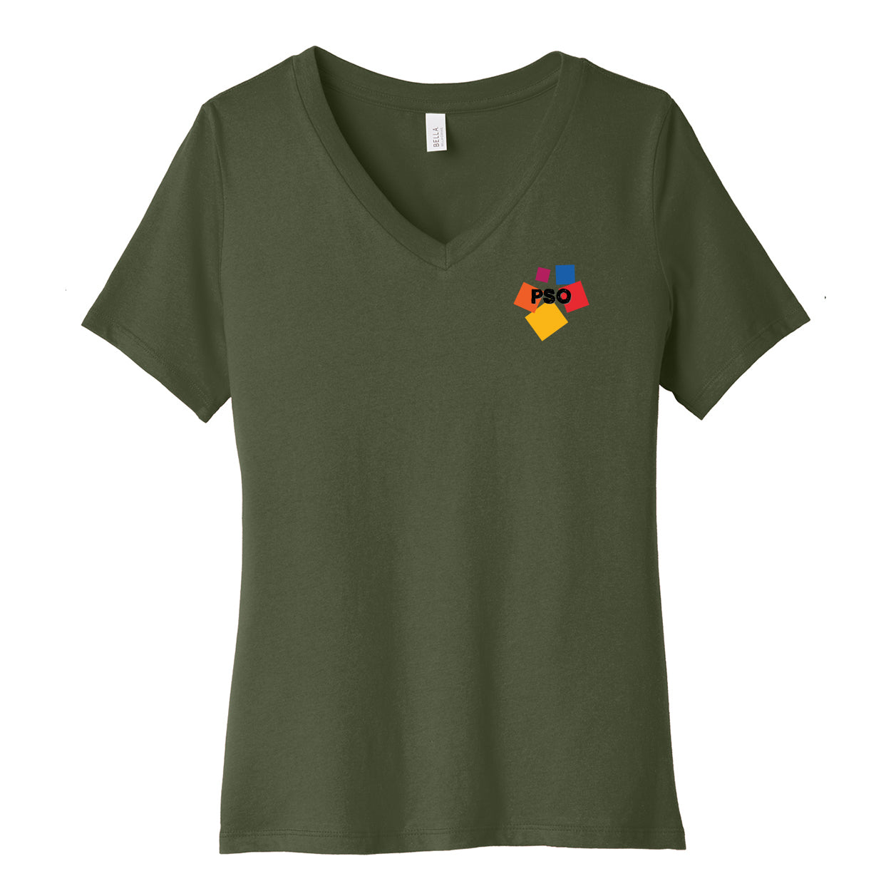 Green t-shirt with colorful 'PSO' on a white background