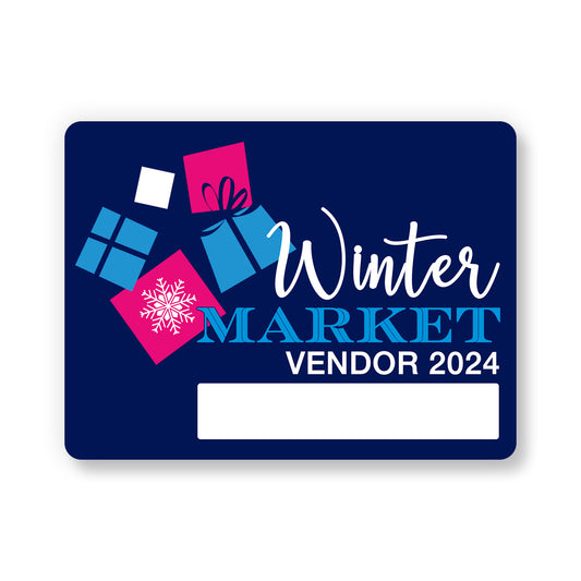 navy name tag with ocsa icon and winter market vendor 2024 text