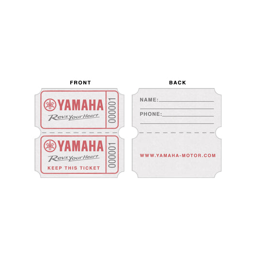 Yamaha event tickets with logo and numbering on the front and information section and website on the back