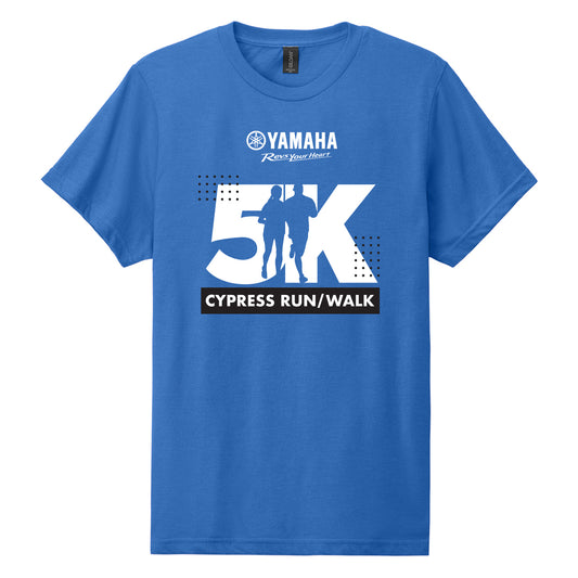 Blue t-shirt with Yamaha 5K Cypress Run/Walk graphic on a white background